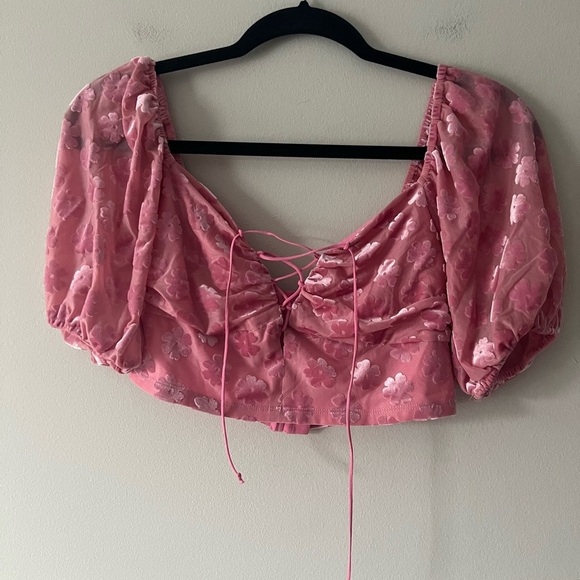 For Love And Lemons Tops - For Love & Lemons Pink Floral Burnout Puff Sleeve Crop Top S Lace Up